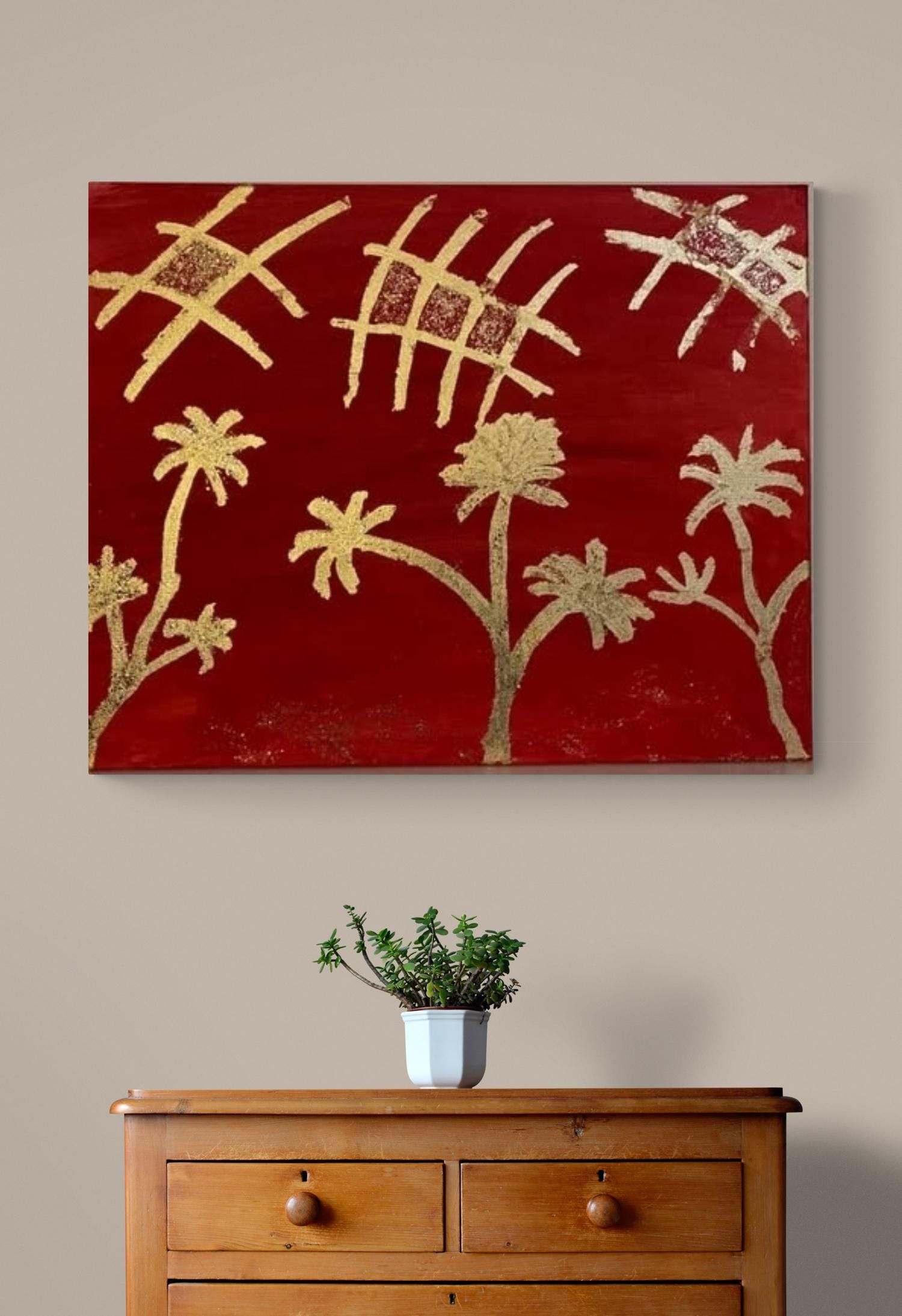 Golden Blossoms Abstract red gold floral painting with shimmering textured blooms, modern expressionist wall art bold home décor piece.