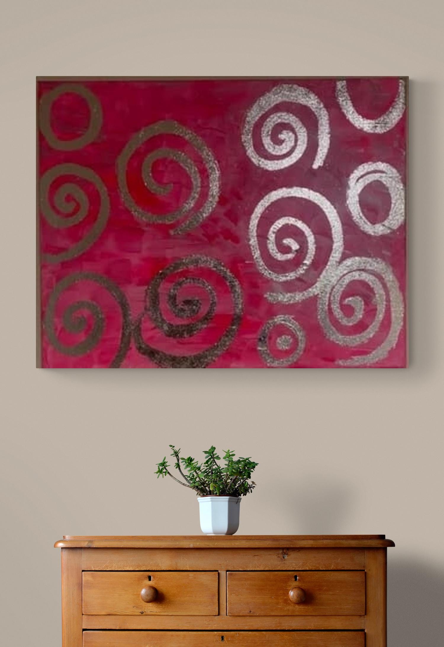Pink Swirl Large Abstract Art, Silver Glitter Painting, Modern Wall Decor 16×20