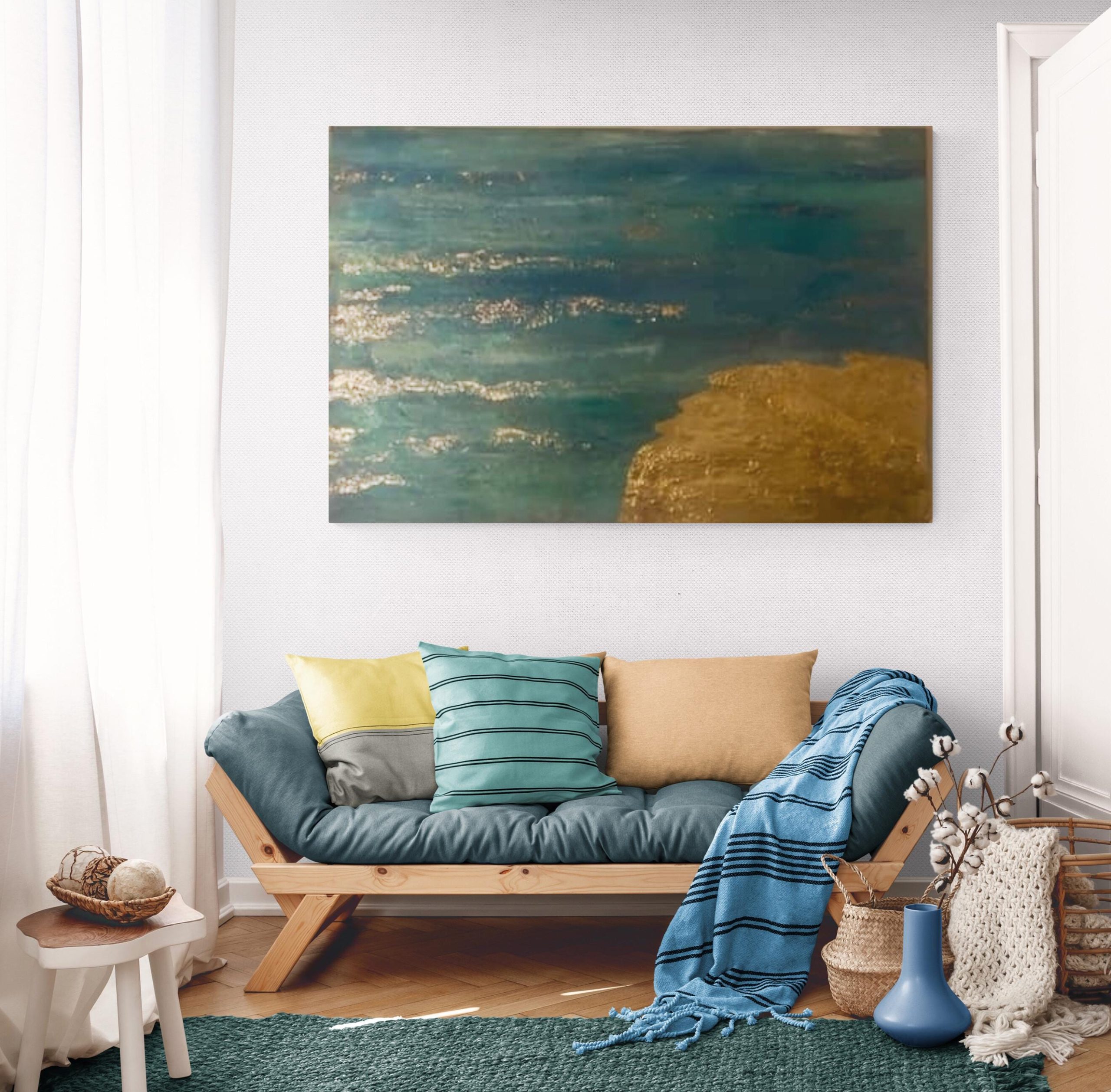 Large Textured Abstract Seascape Painting, Golden Shoreline, Modern Wall Art (24×36 inches)