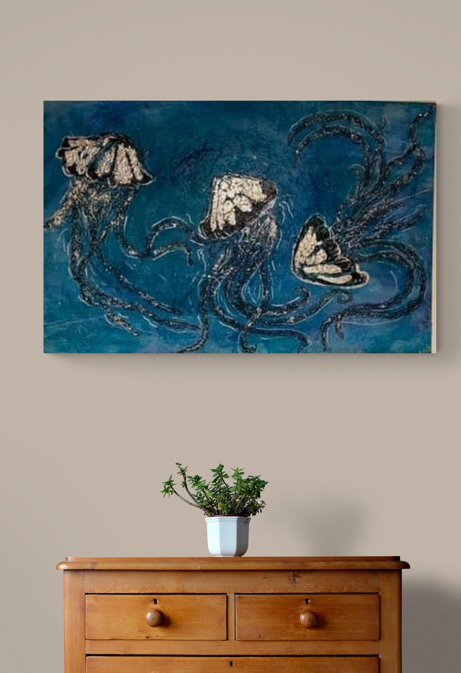 Silver Drifters, Large Decorative abstract painting. Blue Ocean Art, Silver Leaf Acrylic (24×36 inches)